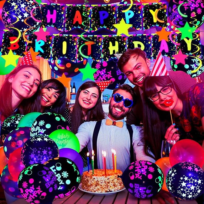 Jetec 71 Pcs Neon Birthday Party Supplies Decorations Include Clear Glow in the Dark Balloons, UV Neon Balloons, Star Hanging Swirls, Happy Birthday Banner Festival Accessory Glow Party Supplies