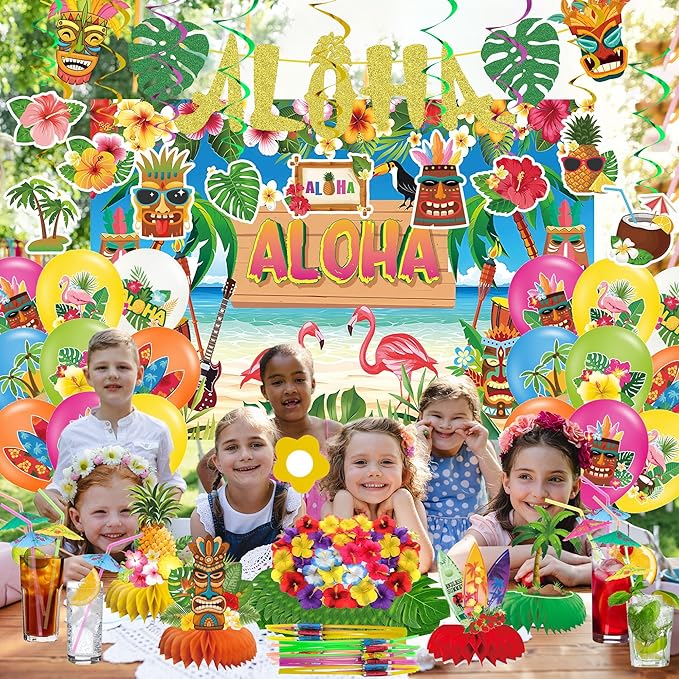 101PCS Hawaiian Themed Party Decorations Set, Tropical Beach Aloha Summer Party Supplies, Including Backdrop, Table Skirt, Honeycomb Centerpieces, Balloons for Luau, Tiki Birthday Party