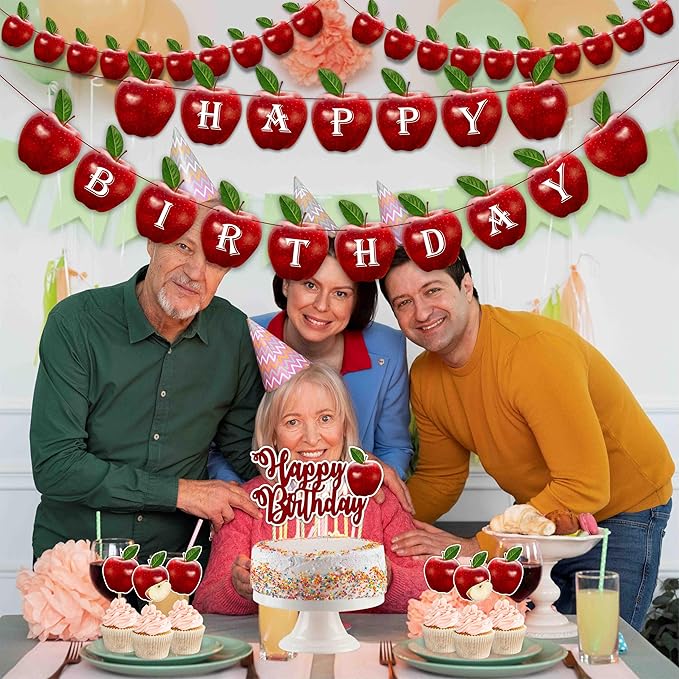 "Apple Theme Birthday Party Supplies – Red Apple Birthday Decorations for Adults – Includes Happy Birthday Banner, Cake Topper, Cupcake Toppers, Garland, and Party Table Décor"