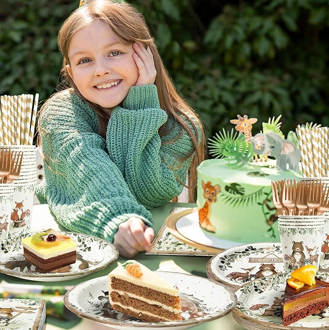 Woodland Baby Shower Party Supplies - 144 Pcs Serve 24 Guests, Safari Jungle Animal Party Decorations Include Plates and Napkins, Cups, Straws, Forks