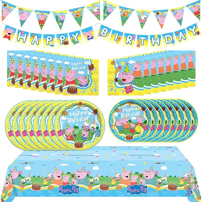 Treasures Gifted Officially Licensed Peppa Pig Birthday Party Supplies - Serves 16 Guests - Complete Set Peppa Pig Party Supplies - Peppa Pig Decorations, Peppa Pig Birthday Banner, Plates & More