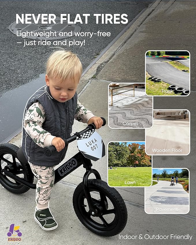 KRIDDO Toddler Balance Bike 2 Year Old, Age 24 Months to 5 Years Old, 12 Inch Push Bicycle with Customize Plate (3 Sets of Stickers Included), Steady Balancing, Gift Bike for 2-3 Boys Girls, Night