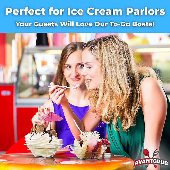 Super Fun Recyclable 8oz Banana Split Boats 250 Pack. Durable, Disposable Ice Cream Sundae Bowls. Perfect Plastic Cups for Social Event or Kids Birthday Party. Great Clear Dessert Tray for Carnivals.