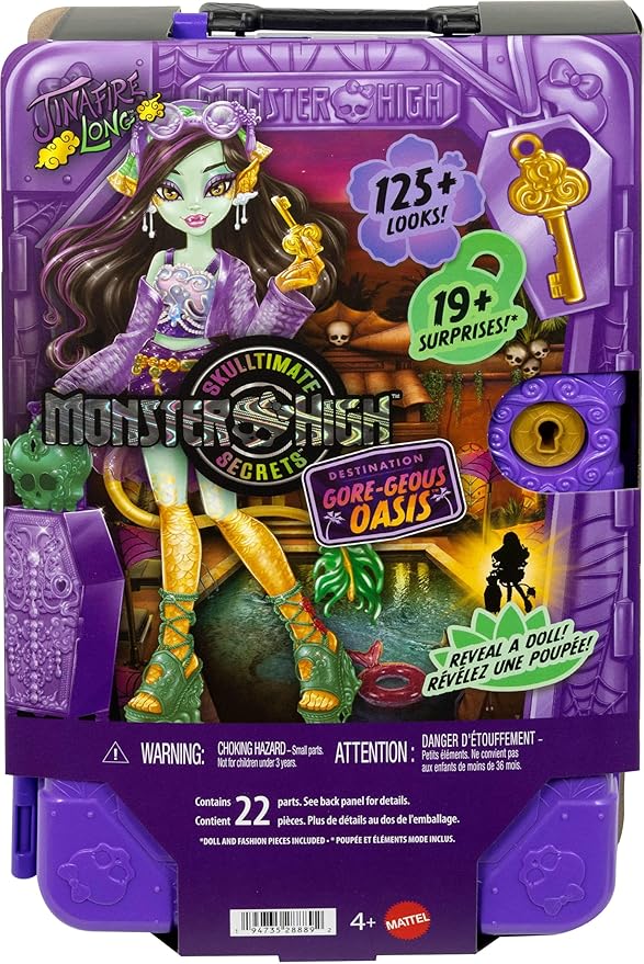 Monster High Skulltimate Secrets Jinafire Long Doll and Accessories Set, Destination: Gore-geous Oasis with Suitcase and 19+ Surprises Like Clothes