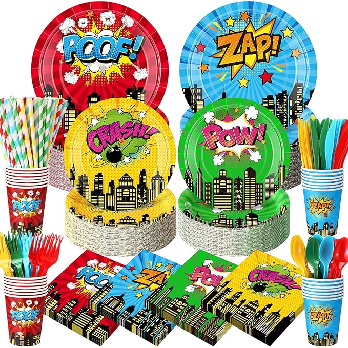 450 Pcs Hero Theme Tableware Set Decorations, Hero Action Themed Disposable Paper Plates Napkins Cups Cutlery Straws for Comic Birthday Baby Shower Party Supplies, Dinnerware Serves 50