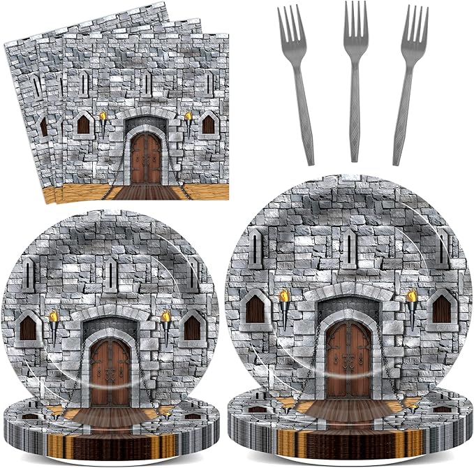 CHUNNIN 96PCS Medieval Plates Napkin Halloween Castle Party Decorations Castle Knight Birthday Dessert Plates Medieval Themed Tableware Set for 24 Guests Kids Birthday Baby Shower Party Supplies