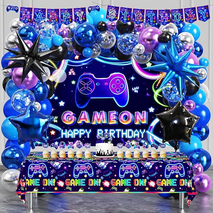 Video Game Birthday Decorations for Boys, Happy Birthday Banner Backdrop, Gaming Tablecloth, Blue Purple Balloon Arch Kit, Cake & Cupcake Topper, Kid Gamer Birth day Decorations Party Supplies
