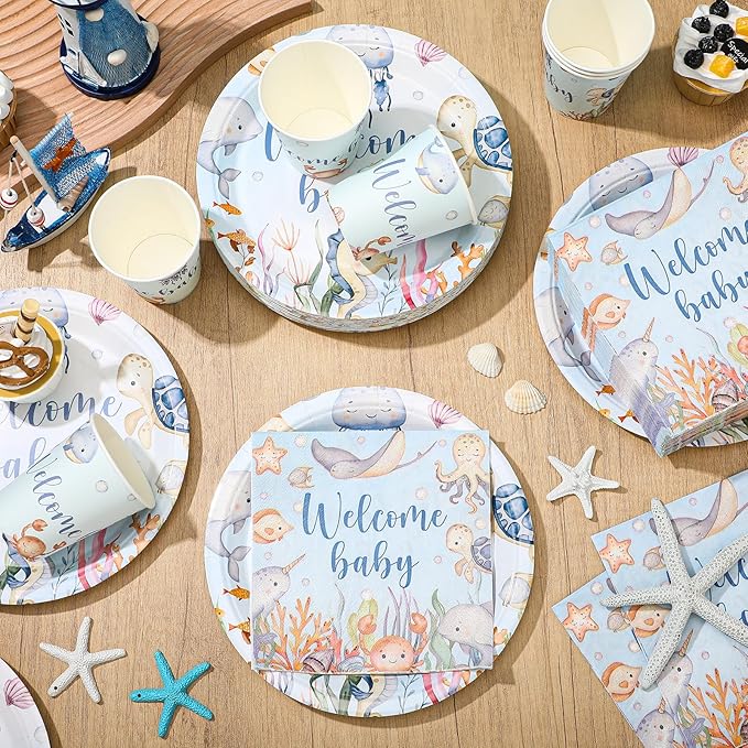 Hushee 200 Pcs Under the Sea Baby Shower Paper Plates Napkins Cups Baby Shower Party Supplies Tableware Set Disposable Cup Napkin for 50 Guest Party Decoration
