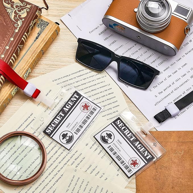 Umigy 24 Pcs Secret Agent Name Tags and See Behind You Sunglasses Secret Agent Badge Rear View Mirror Sunglasses Detective Glasses for Escape Room Party Favors Detective Party Supplies