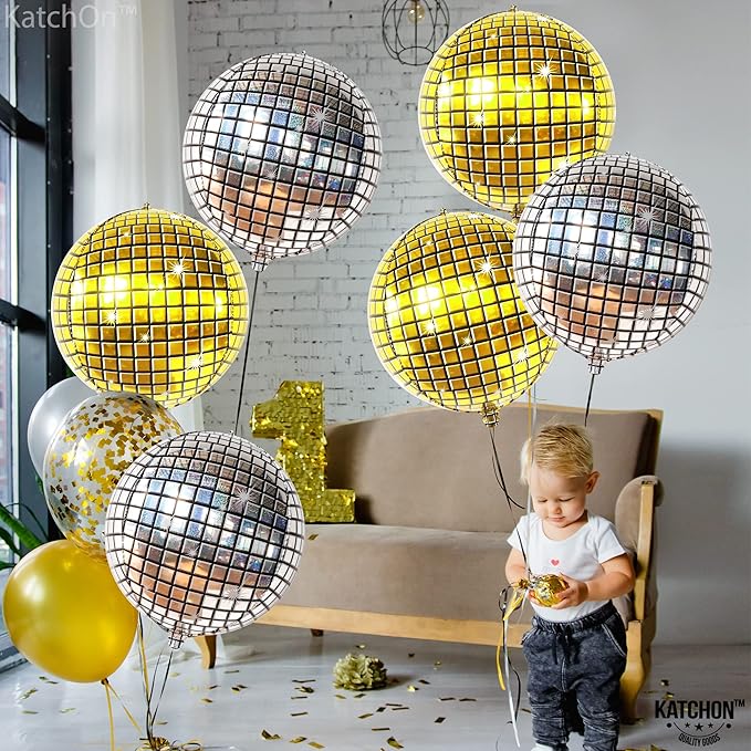 KatchOn, Large Gold and Silver Disco Ball Balloons - 22 Inch, Pack of 6 | 4D Sphere Disco Balloons for Disco Party Decorations, Bachelorette Party Decorations | New Years Decorations 2026