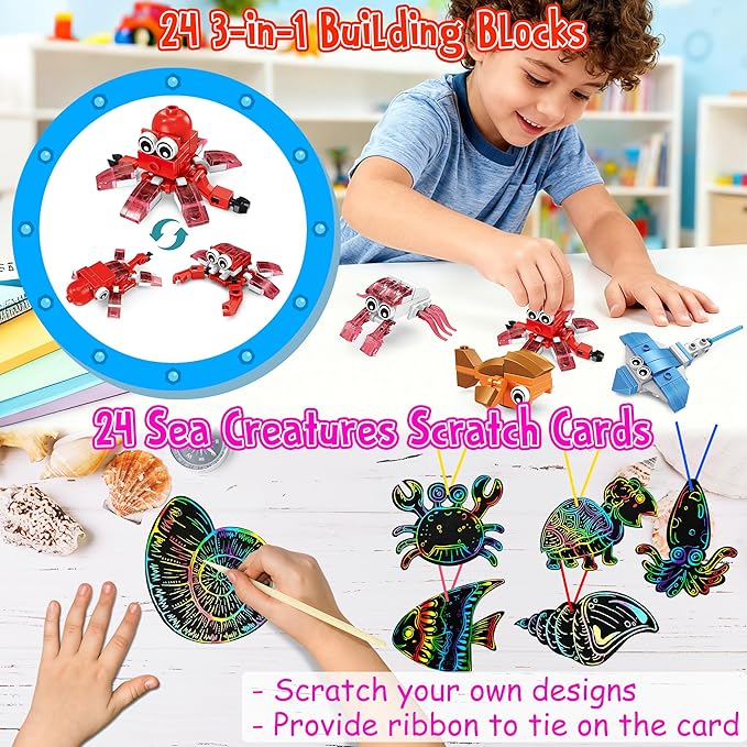 LINAYE 24 Packs Ocean Party Favors for Kids - 144 Pcs Under The Sea Party Favors with Marine Animals Building Blocks, Tattoo Stickers Sheets, Slap Bracelets Goodie Bag Stuffers for Kids