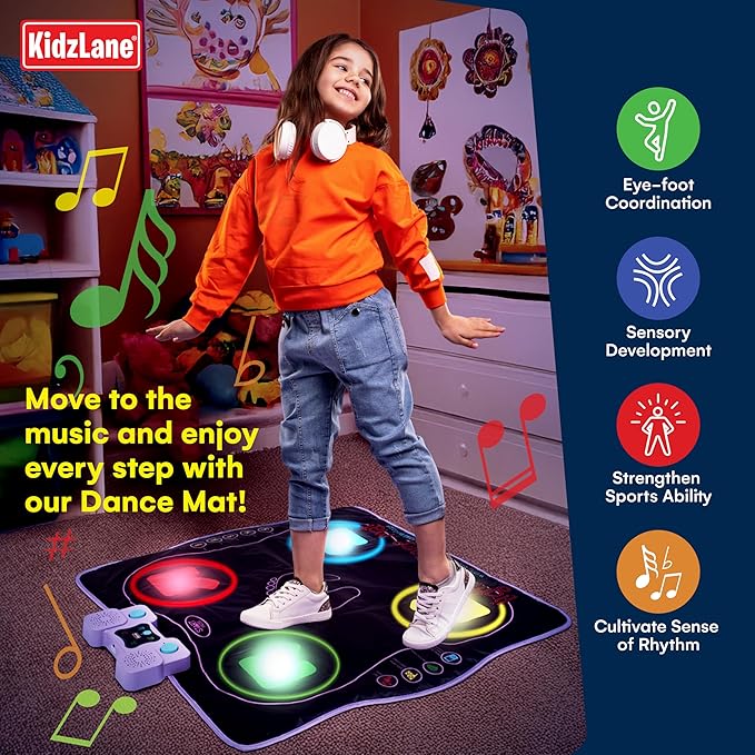 Kidzlane Electronic Dance Mat for Kids 8-12, Wireless Kids' Dance Pad with Bluetooth/AUX, Built-in Music, 5 Challenge Levels, 4 Modes - Interactive Toys for Children, Ages 6 and Up