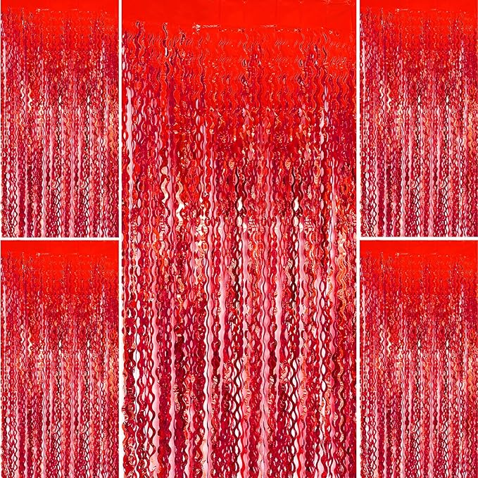 Red Streamers Wave Foil Fringe Backdrop Curtains Red Party Decorations for Graduation 2025, Birthday, Cherry Themed Party, Valentines Day, 4th of July, Anniversary Celebration, Christmas, Wedding