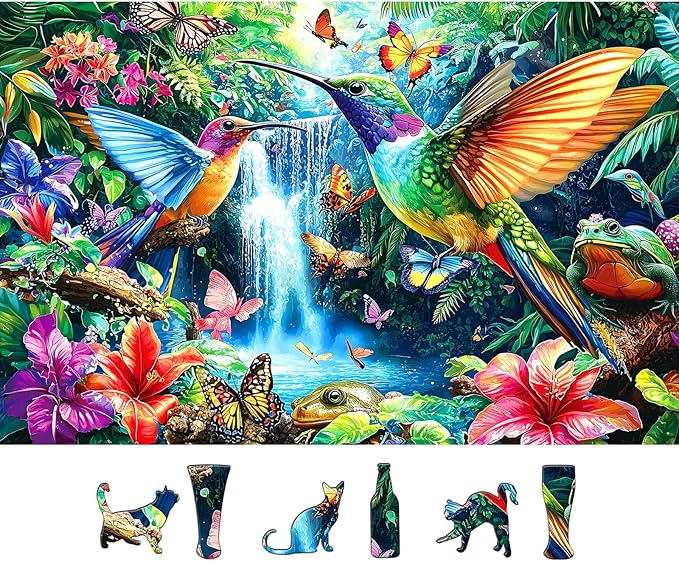 Tropical Birds Flowers 500 Piece Jigsaw Puzzle for Adults Hummingbird Waterfall Scene with Butterflies & Flowers Nature Puzzle Fun Adult Family Relaxing Activity Seniors - 23x15 Inch