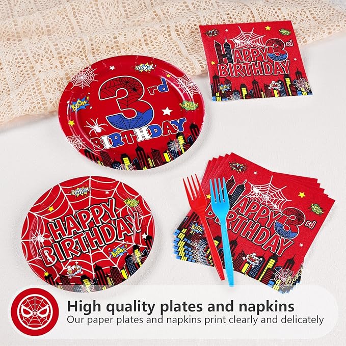 96Pcs Spider 3rd Birthday Decorations for Boys Super Theme Hero 3rd Birthday Plates and Napkins Blue Red Spider Three Year Old Decoration Favors for Kids 3 Year Old Party Supplies Serves 24