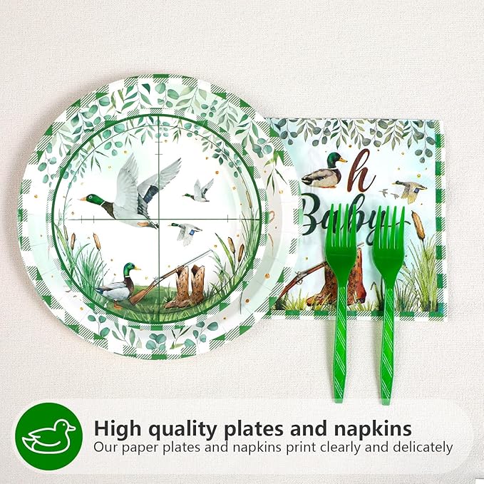 Grencian 96psc Mallard Duck Baby Shower Party Supplies A Little Hunter is on the Way Plates and Napkins Tableware Sets Hunting Party Decoration for Kids Birthday Baby Shower Serves 24