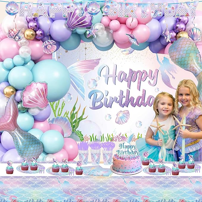 Mermaid Birthday Decorations, 213Pcs Mermaid Party Supplies Include Tablecloth, Plates, Napkins, Cups, Banner, Backdrop, Balloons, Hanging Swirls, Cake & Cupcake Toppers for Girls Birthday Party