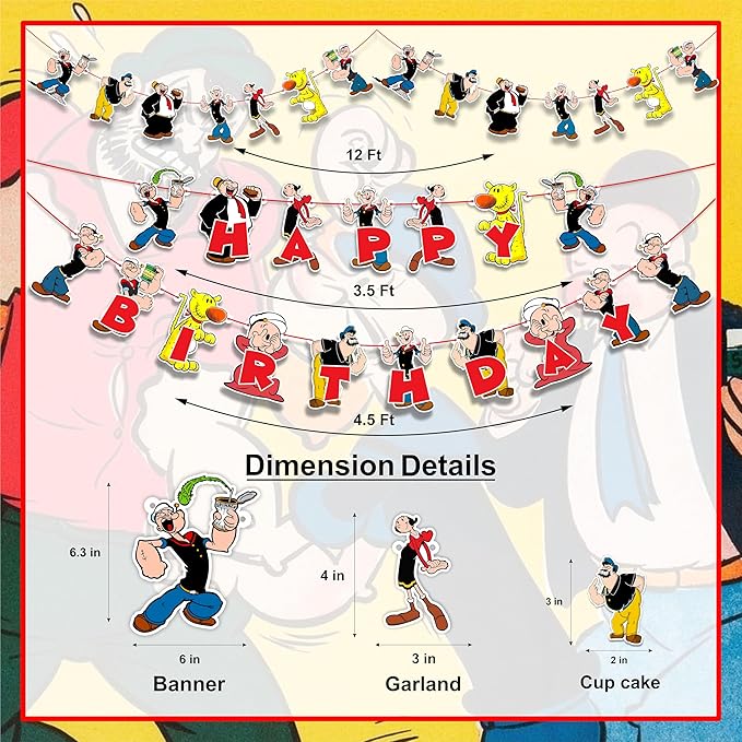 Popye Theme Birthday Party Supplies - Sailor Cartoon Inspired Party Decorations, Nautical Theme Birthday Banner, Cake Topper & Cupcake Decoration Set, Sea Adventure Celebration Decor