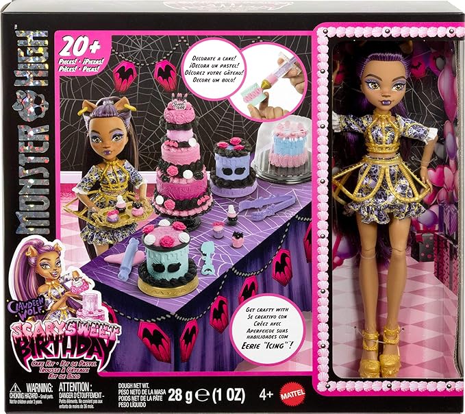 Monster High Scary Sweet Birthday Cake Kit with Clawdeen Wolf Doll, Cake Decorating Playset with 20+ Accessories Like Eerie Icing, Pipette, and More