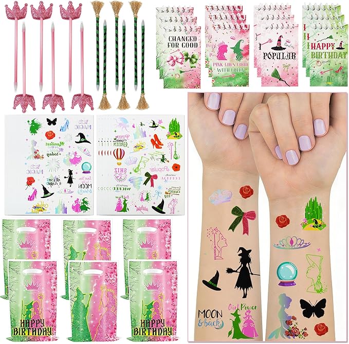 48Pcs Pink and Green Witch Party Favors, Witch Birthday Decorations, Ballpoint Pens, Notebooks, Temporary Tattoo Stickers, Classroom Rewards Student Birthday Gifts Party Supplies