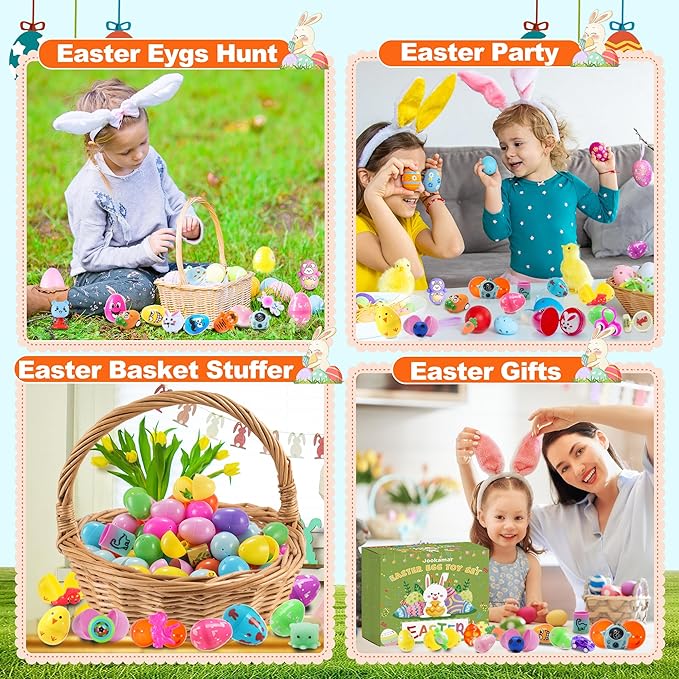 165PCS Prefilled Easter Eggs with Toys Inside, Easter Eggs Fillers Basket Stuffers Easter Hunt Games Party Favor Supplies Classroom Prize for Kids
