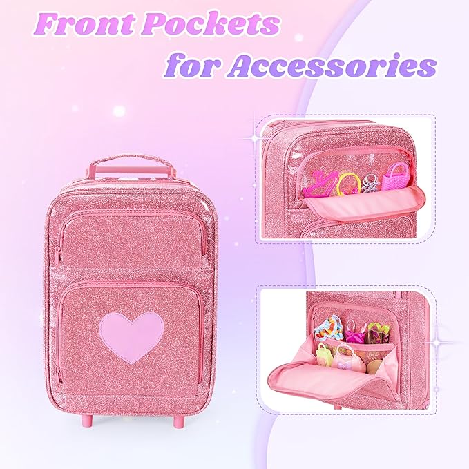 LoDrid Travel Backpack Compatible with Barbie Dolls 12-inch, Doll Carrying Case with Wheels, Suitcase Storage Organizer with Multiple Pockets for Doll Clothes and Accessories, Pink, Bag Only