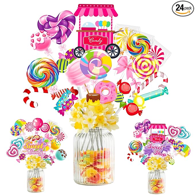 24Pcs Candyland Party Centerpieces Sticks Candyland Lollipop Table Toppers Sweet Candy Party Decorations for Candyland Theme Birthday Party Baby Shower Supplies
