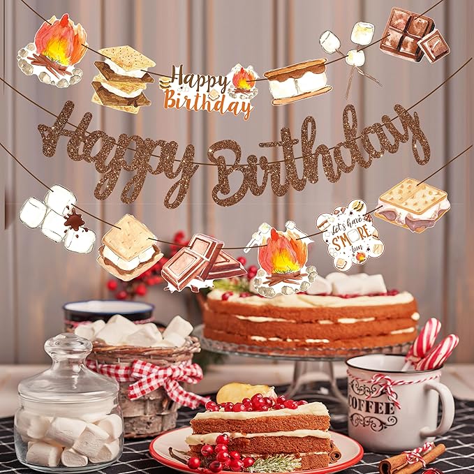 S'more Birthday Party Banners S'more Party Happy Birthday Banners Bonfire Camping Theme Hanging Decoration for Campfire Camper Birthday Party Baby Shower Supplies