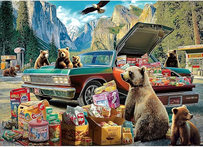 Blueforest Yosemite Bears Picnic Adventure 1000 Piece Puzzle for Adults - Challenging Wildlife Jigsaw Puzzle with Vintage Car, Granite Cliffs | Bonus Poster & Letters on Back (27.5" x 19.7")