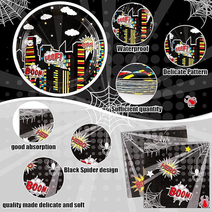 Black Spider Birthday Party Supplies - 96PCS Black Spider Birthday Party Plates and Napkins Forks Disposable Tableware Birthday Parties Table Dinnerware Baby Shower Plates Serve 24 Guests