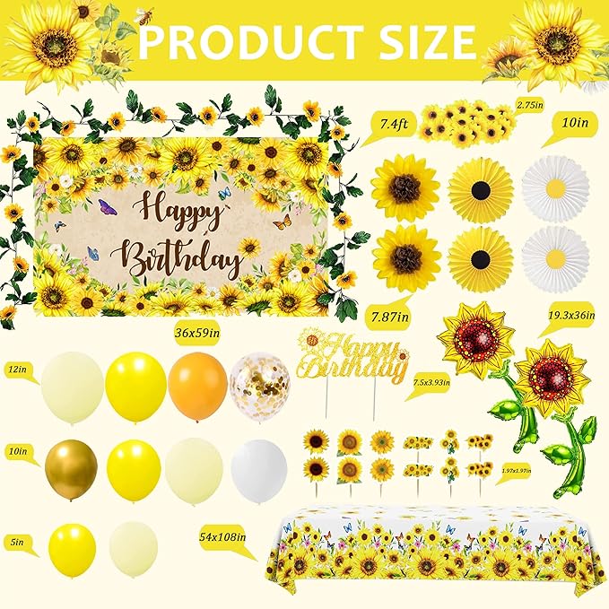 Sunflower Birthday Party Decoration Pack 111 Pcs Baby Shower Party Supplies Wedding Decor include Backdrop Tablecloth Artificial Sunflower Garland Cake Topper Balloon Garland Arch Tissue Paper Flower