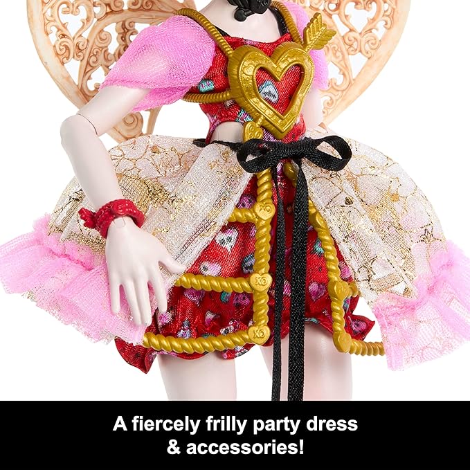 Monster High Scary Sweet Birthday Doll, Cupid Asteria in Pink and Red Party Dress with Themed Accessories Like Invite, Balloon, Gift and More