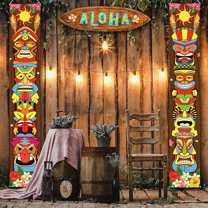 Frienda Hawaiian Luau Party Decoration Supplies Tiki Banner Tiki Totem Door Sign for Hawaii Tropical Decoration Aloha Tropical Birthday Party Wall Hanging Decor Supplies