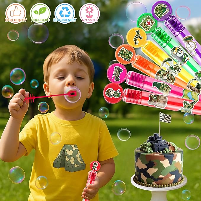 Military Party Favors for Kids - 24PCS Army Bubble Wands Camouflage Theme Birthday Party Supplies Goodie Bag Fillers Classroom Rewards