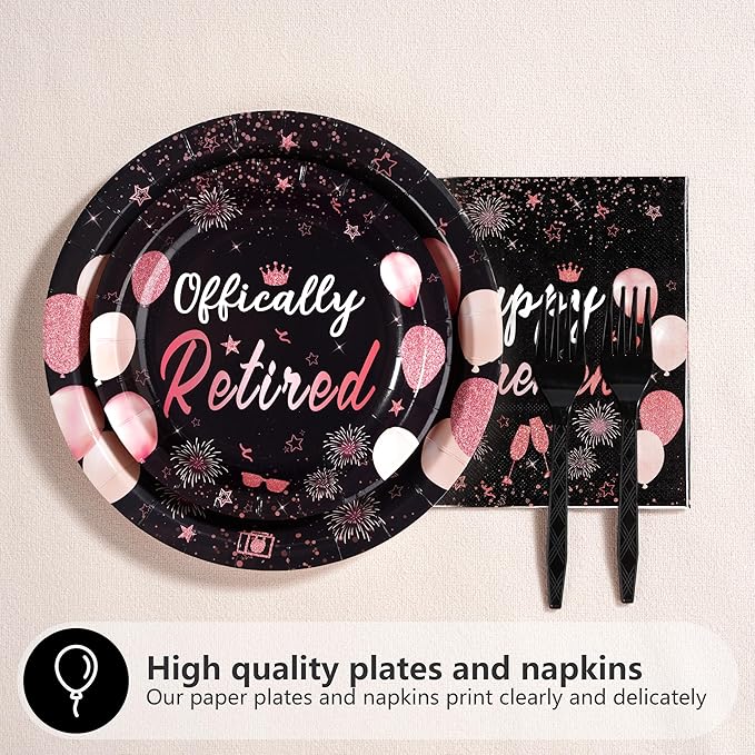 96Pcs Retirement Party Decorations Black Rose Gold Retirement Plates and Napkins Tableware Set Officially Retired Party Decoration for Women Going Away Graduation Farewell Birthday Supplies Serves 24
