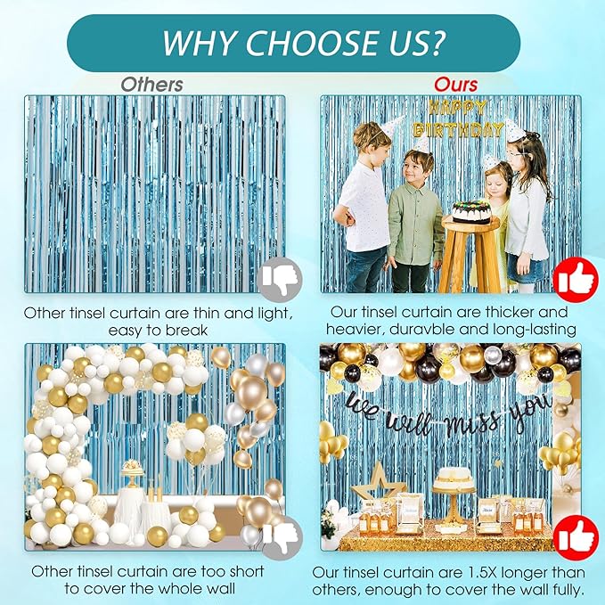 3 Pack 3.3 x 9.9 ft Light Blue Foil Fringe Backdrop Curtain, Streamer Backdrop Curtains, Streamers Birthday Party Decorations, Tinsel Curtain for Parties, Galentines Decor, Photo Booth