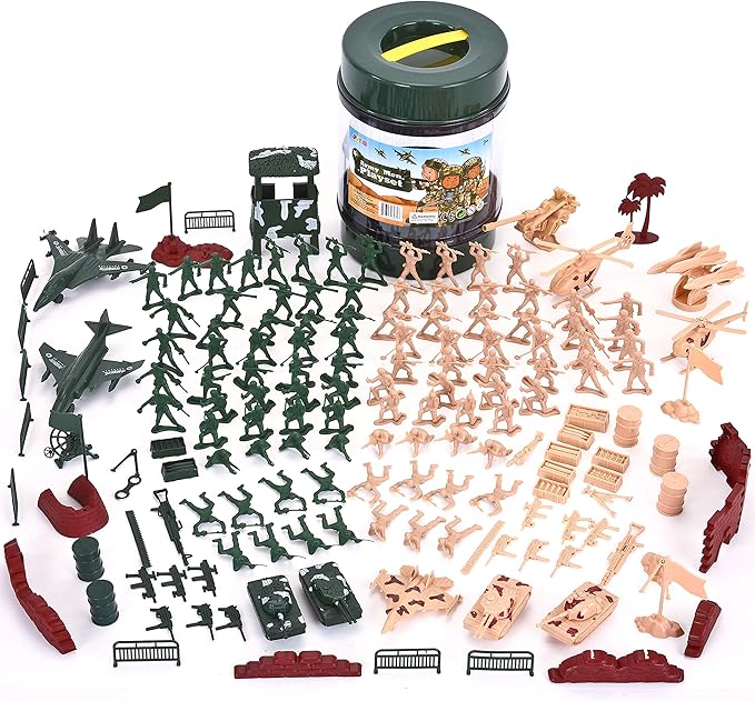 JOYIN 164 Piece Military Soldier Playset Army Men Play Bucket Army Action Figures Battle Group Deluxe Military Playset, Aircrafts, Helicopters, Tanks with Bucket, Easter Basket Stuffers