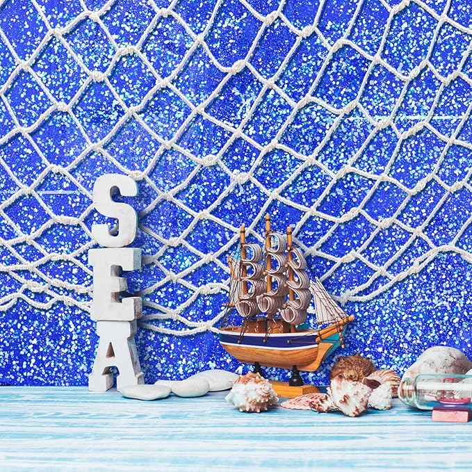 Unittype 6 Pcs Fish Net Decorative and Tablecloth Set, Cotton Fishnet and Plastic Table Cover Decorations Set for Nautical Themed Party Baby Shower Pirate Decorations Mermaid Party (Laser Ocean)