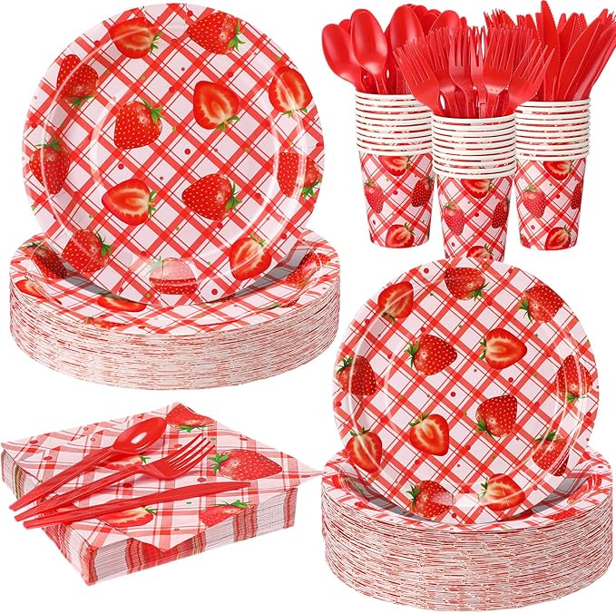 350 Pcs Strawberry Party Supplies Tableware Set Disposable 9'' 7'' Paper Plates 9 oz Cups Cutlery Napkins Dinnerware Set for 1st Birthday, Serve 50 (Gingham Strawberry, Red, Pink)