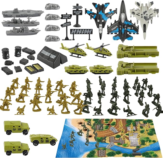 TOY Life Army Men Playset- Army Men Action Figures, Toy Soldiers for Boys, Plastic Green Army Men Playset with Vehicles/Tanks/Navy/Planes/Battle Mat Accessories- Kids Toys for Ages 4-12
