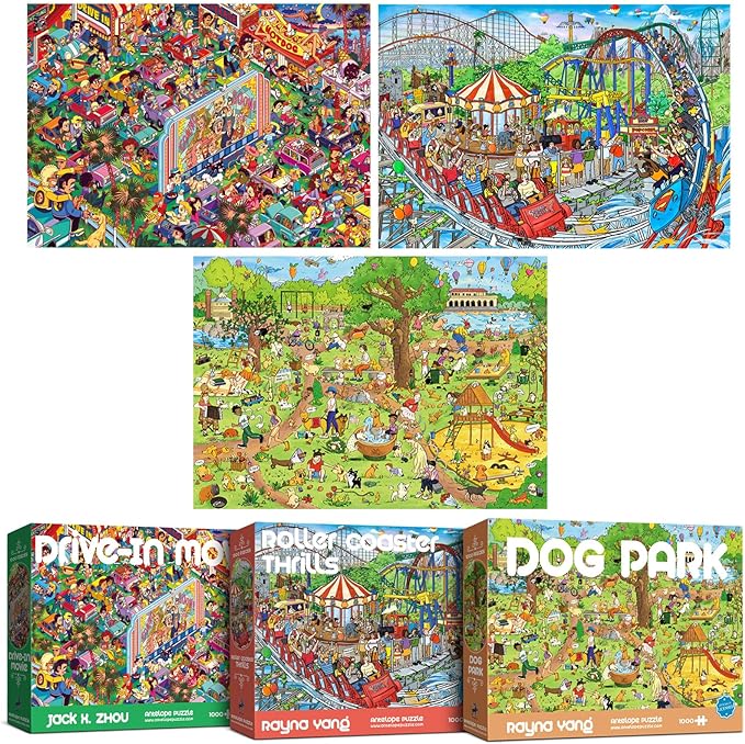 ANTELOPE 3 in 1 1000 Piece Puzzle Bundle - Dog Park, Drive in Movie, Roller Coaster - 1000 Piece Jigsaw Puzzle, Cartoon Style, 15 Years and Up