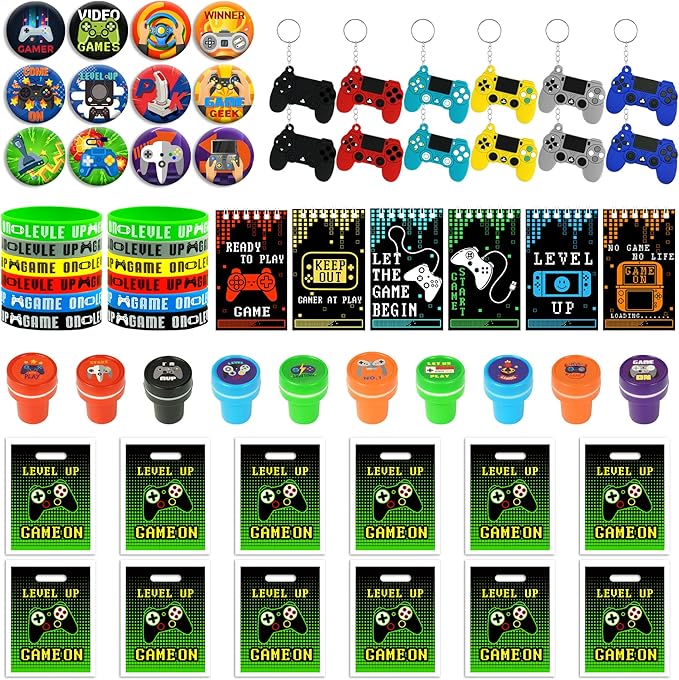 66 PCS Video Game Party Favors Video Game Theme Notepads Wristbands Stampers Keychains For Level Up Party Gamer Birthday Party Classroom Rewards Supplies