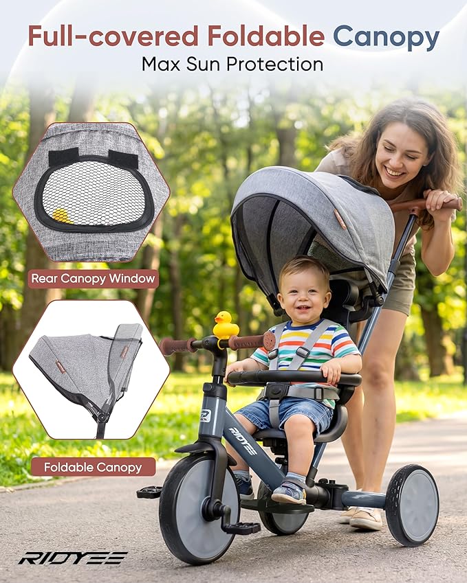 8-in-1 Tricycle for 1.5-5 Years, Tool-Free Switch, Toddler Tricycle with Parent Steering Control Handle for 1.5 to 5 Yrs, Toddler Trike 1.5-3 Years with 5-Point Harness and Large Canopy, Grey