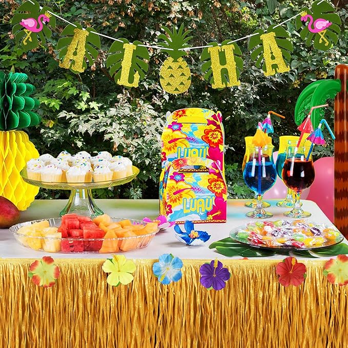 Tropical Luau Party Decoration Pack Hawaiian Beach Theme Party Favors Luau Party Supplies (112 PCS) including Banner, Table Skirt, Straws, Flamingo, Pineapple Décors.