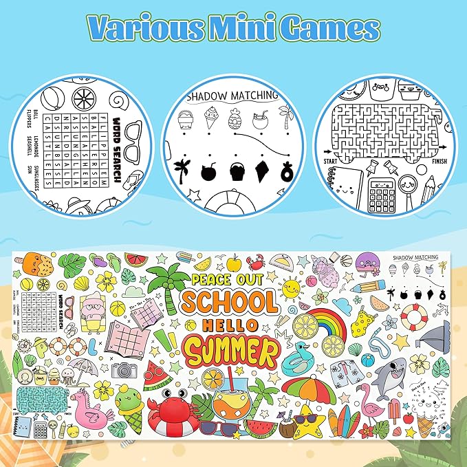 Jumbo End of School Year Coloring Activity Poster - Summer Fun Games DIY Drawing Color-in Paper 55.1 x 23.6 Inch Blank Doodle Art Banner, Home School Educational Event Party Supplies