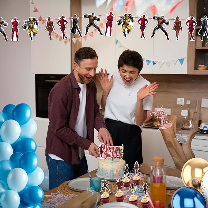 Dedpol Theme Birthday Party Supplies – Bold and Hilarious Comic-Inspired Party Decorations Set with Banner, Cupcake Toppers, Wrappers, Cake Topper – Funny Action Hero Style for Boys, Teens & Adults