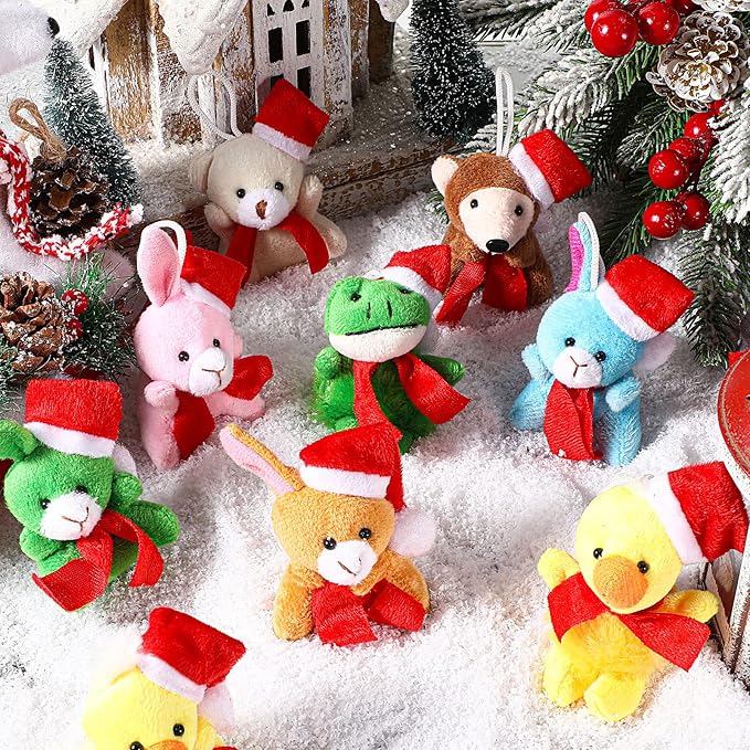Skylety 50 Pcs Mini Stuffed Animals Bulk Cute Safari Jungle Small Plush Doll Toy Set Tiny Plush Keychain Decoration for Easter Party Favor Gift Carnival Classroom Prize(Santa Style,Cute Color)