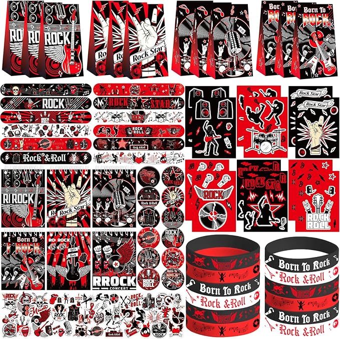 Rock and Roll Party Decorations Favors , Including Gift Bags , Stickers Badge Slap Bracelets Silicone Wristbands DIY Stickers , for Rock Music Theme Party Supplies