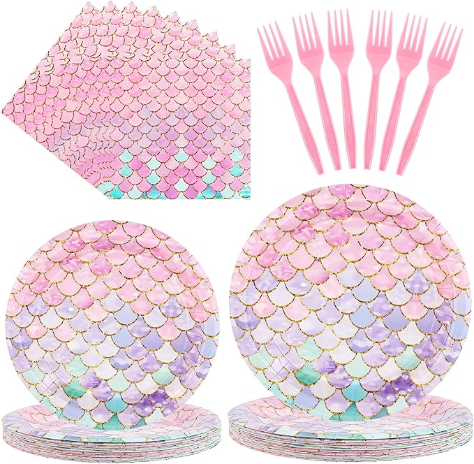 CANREVEL 96 PCS Mermaid Party Plates & Napkins Set, Serve 24, Disposable Tableware for Mermaid Party Supplies Decorations for Girl Kid Women Adult
