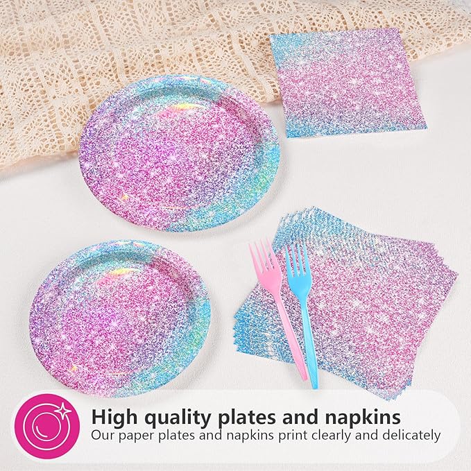 96Pcs Pastel Rainbow Party Decorations Iridescent Party Supplies 350GSM Holographic Print Rainbow Plates and Napkins Set for Baby Mermaid Birthday party Bachelorette Bridal Shower Wedding Serves 24